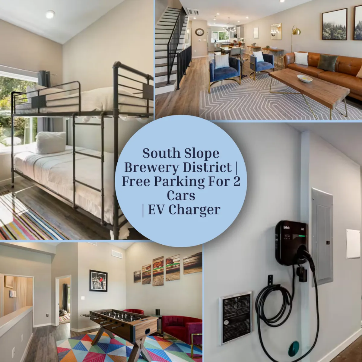 The image showcases a bright, contemporary living area featuring a cozy seating arrangement, a stylish game table perfect for group fun, and a glimpse of the modern bunk beds, all set within a sunlit space that invites relaxation and togetherness.